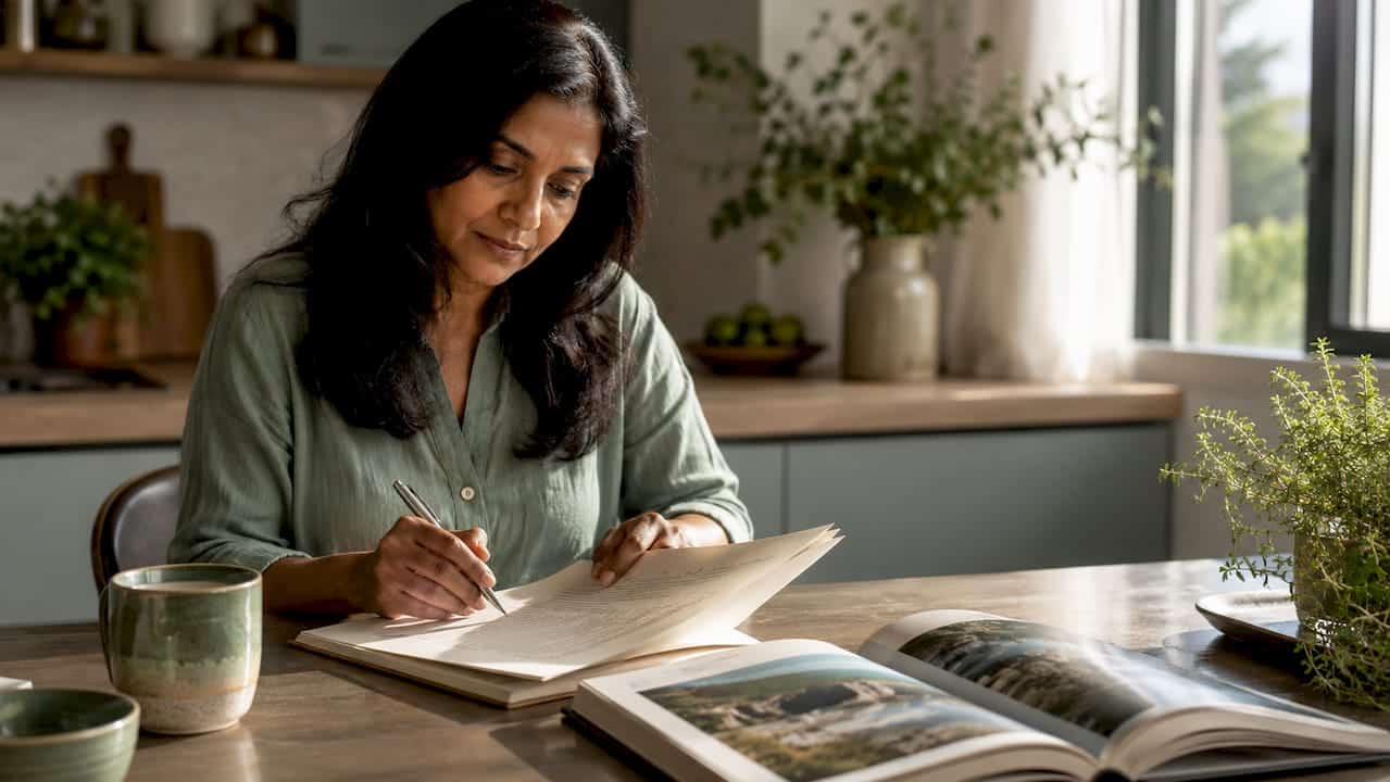 Woman reviewing luxury travel itinerary papers