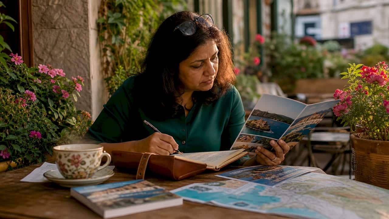 Woman researching personalized travel plans at home