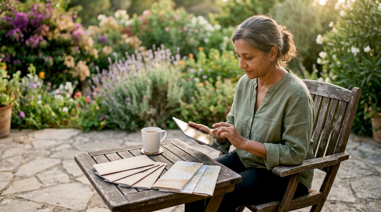 Woman planning luxury travel at desk