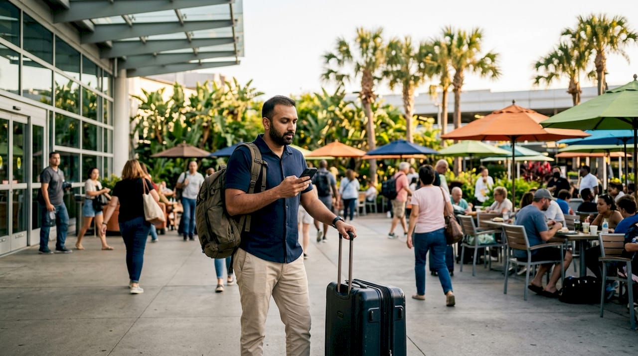 Traveler waiting outside airport arrivals with luggage