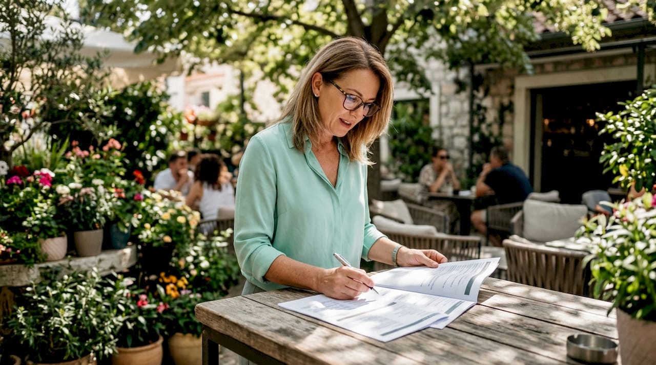 Travel consultant planning detailed itinerary at desk