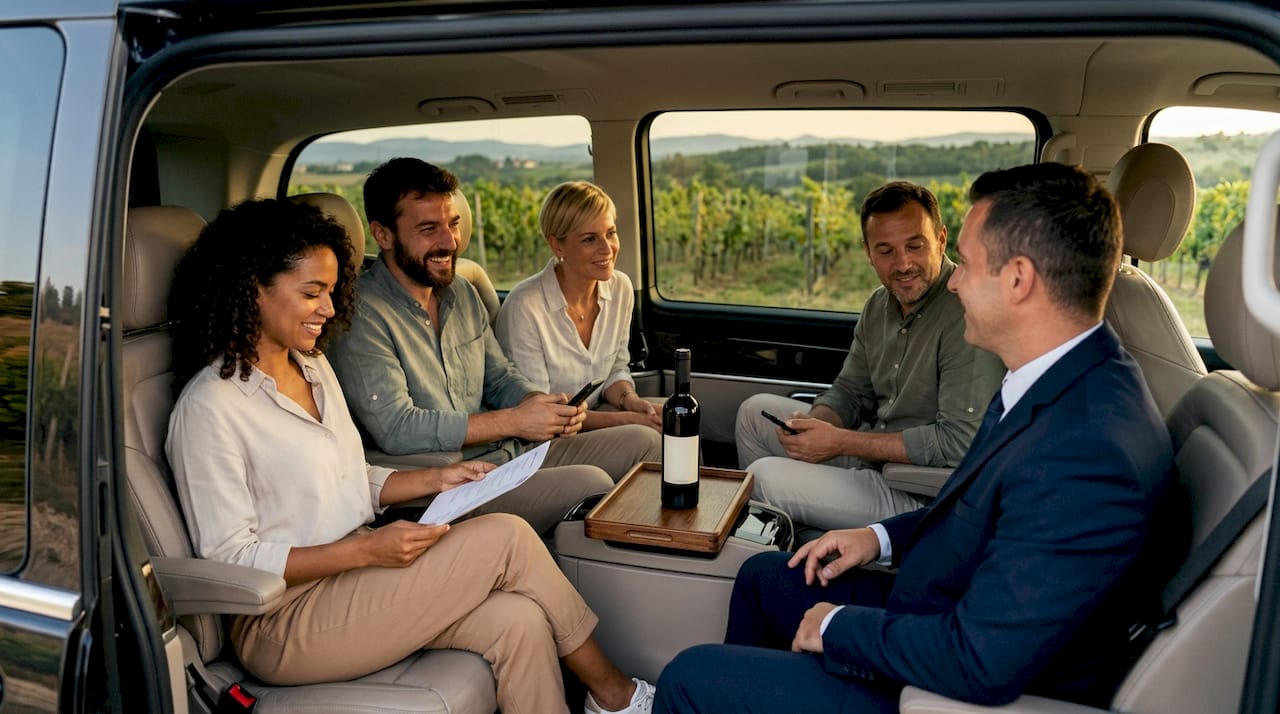 Small group enjoying private wine tour ride in vineyard