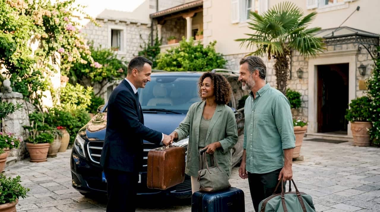 Couple boarding door-to-door shuttle van