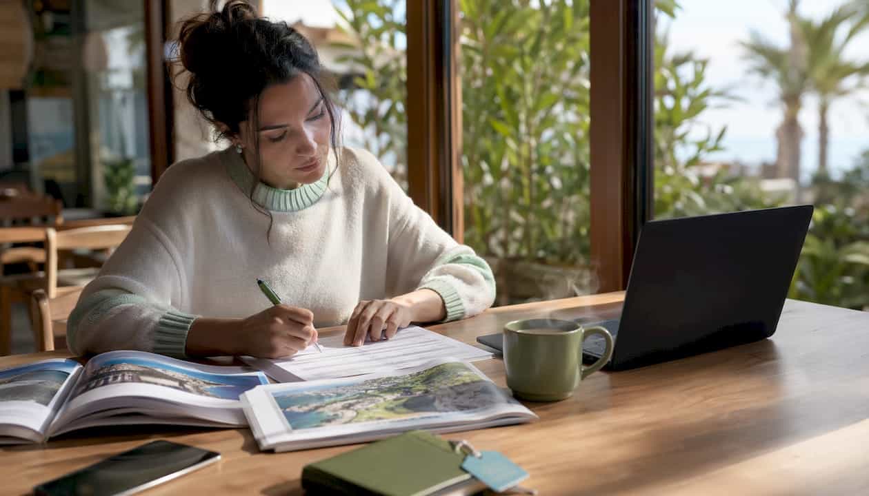 Traveler making airport transfer checklist at home