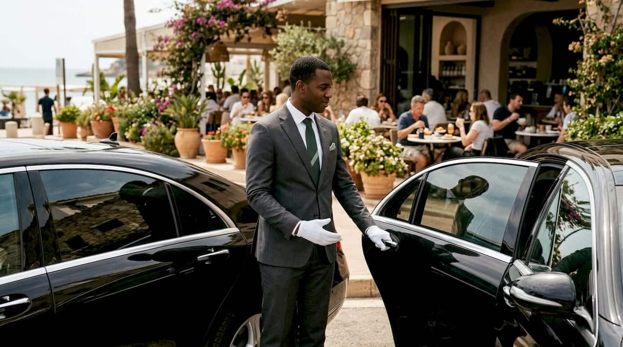 Chauffeur opening luxury sedan door at airport