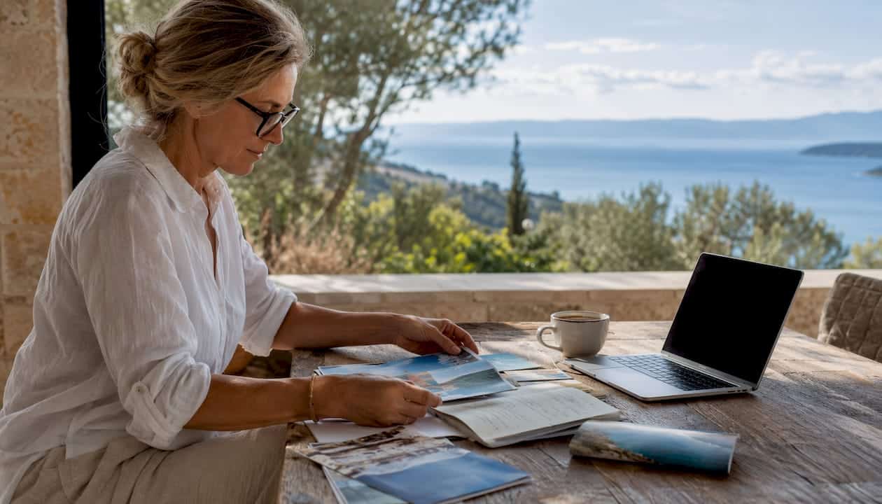Woman planning custom travel itinerary at home table