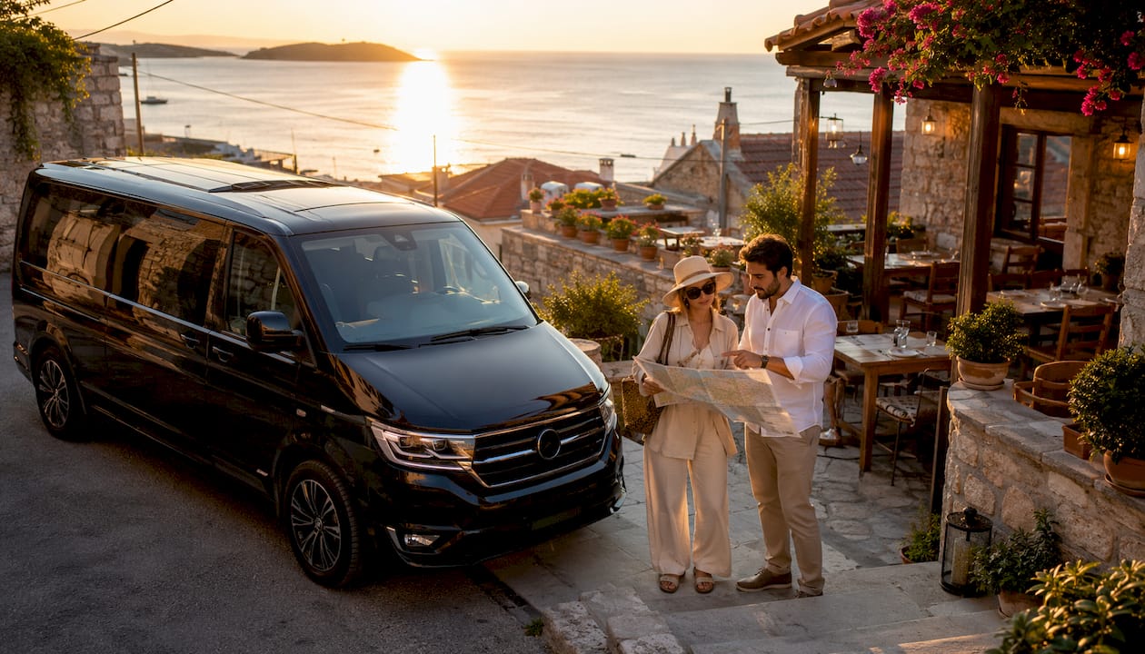 Luxury van with traveler and guide on street