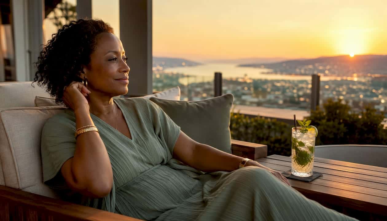 Woman relaxing inside luxury limousine