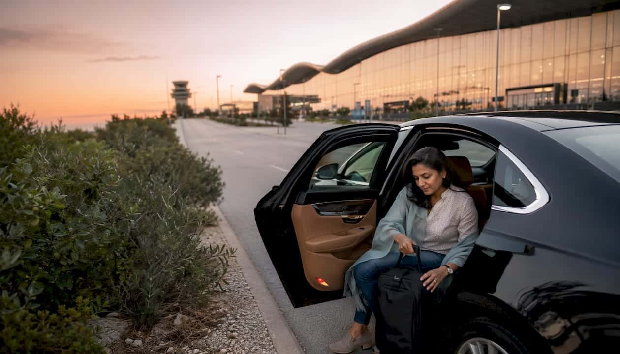 Traveler boarding private airport transfer car