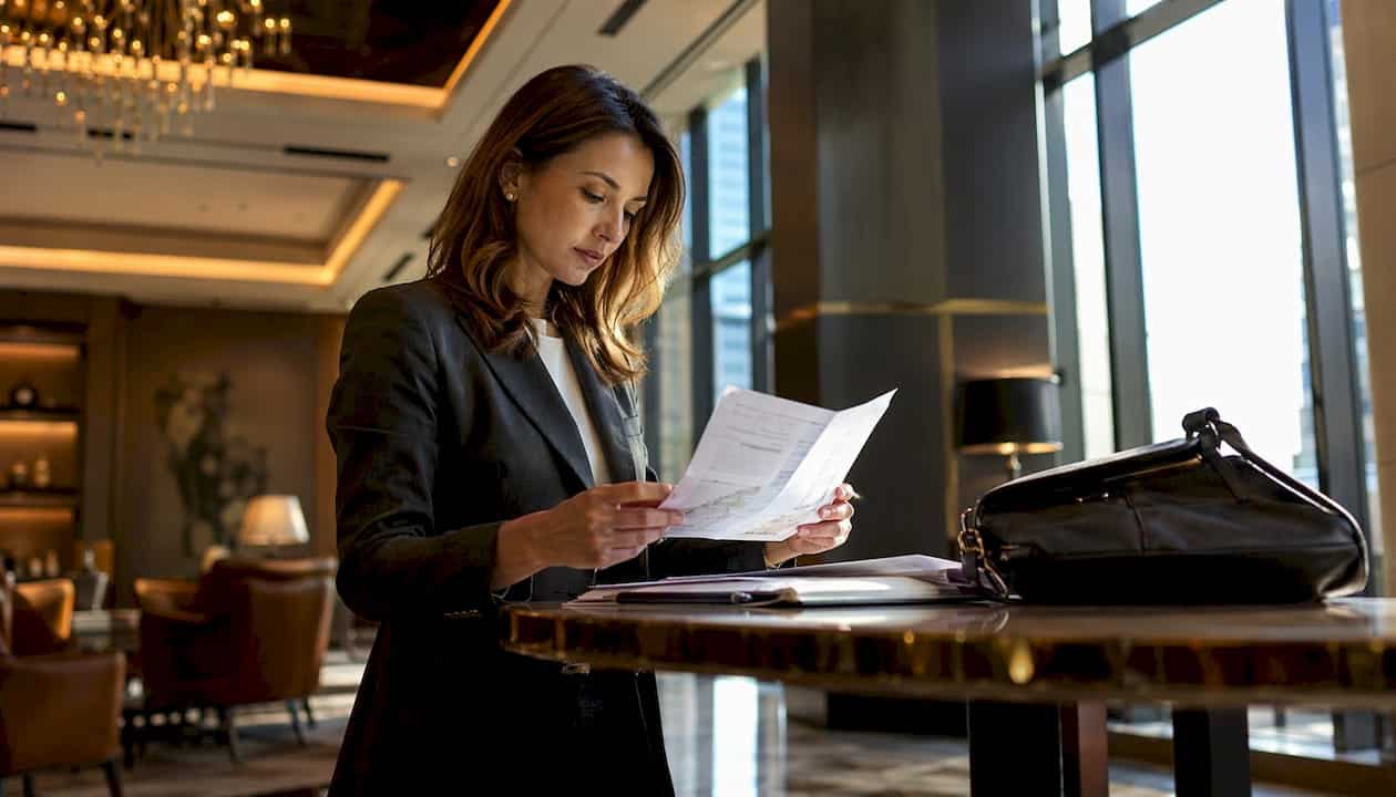Businesswoman reviewing travel documents in hotel