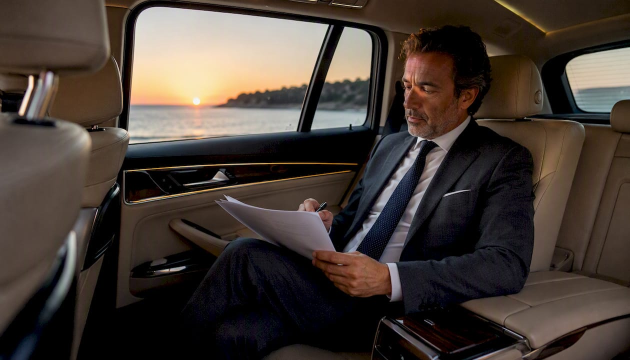Executive reviewing documents in luxury car transfer