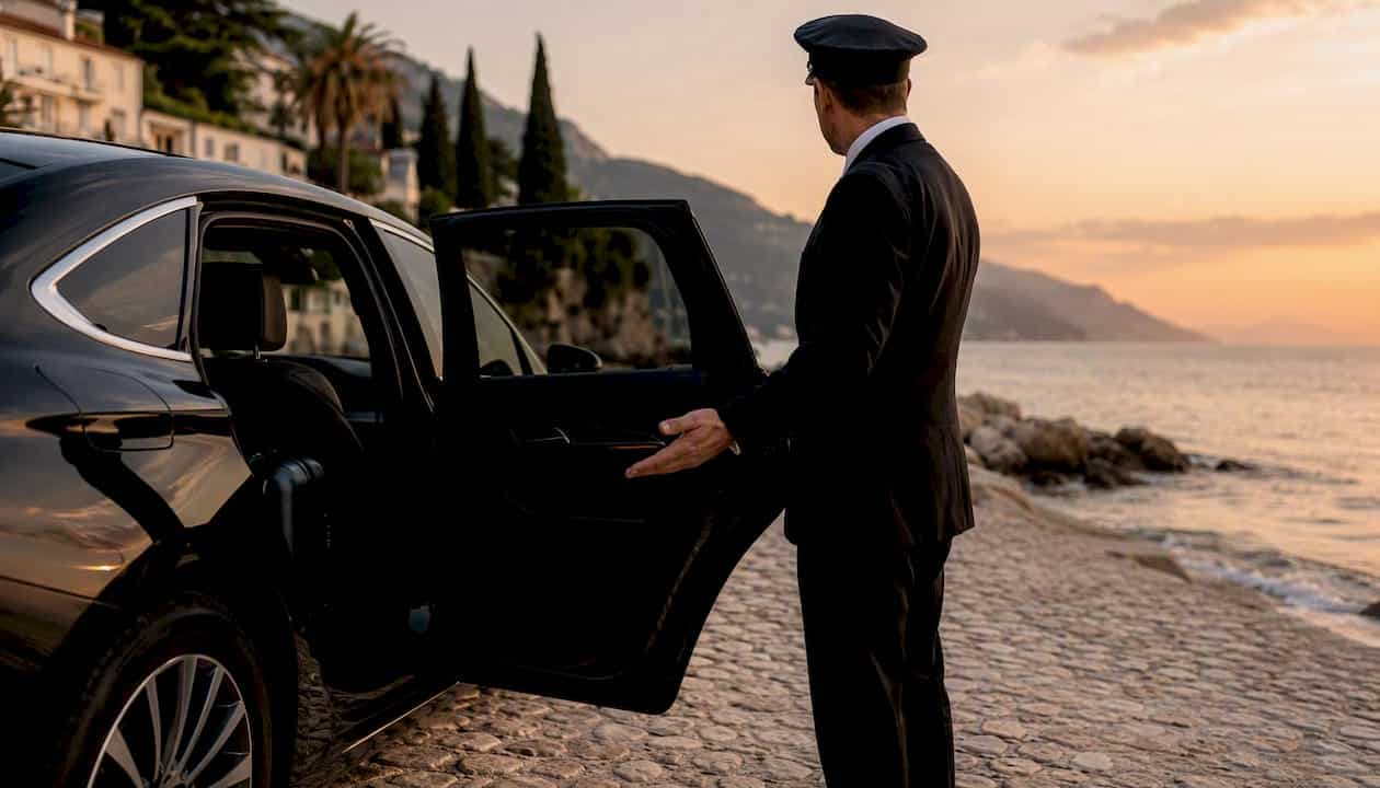 Chauffeur opening luxury vehicle door