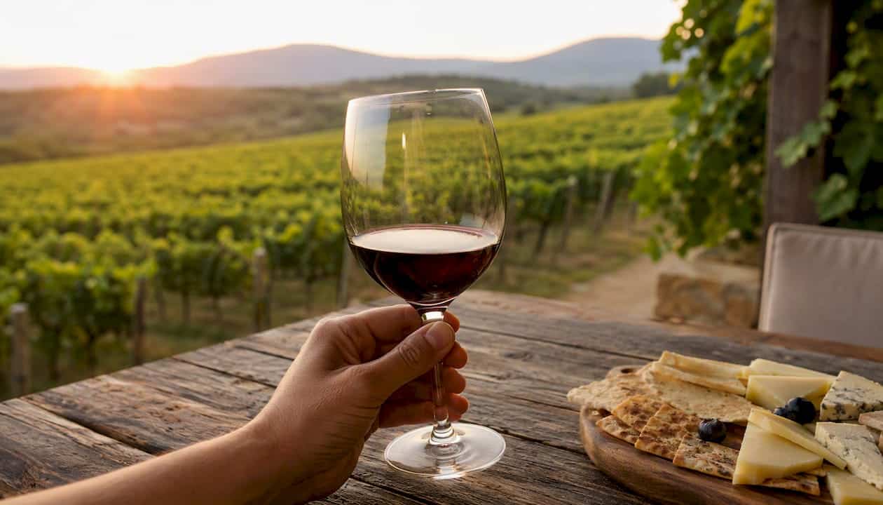 Glass of red wine with vineyard background