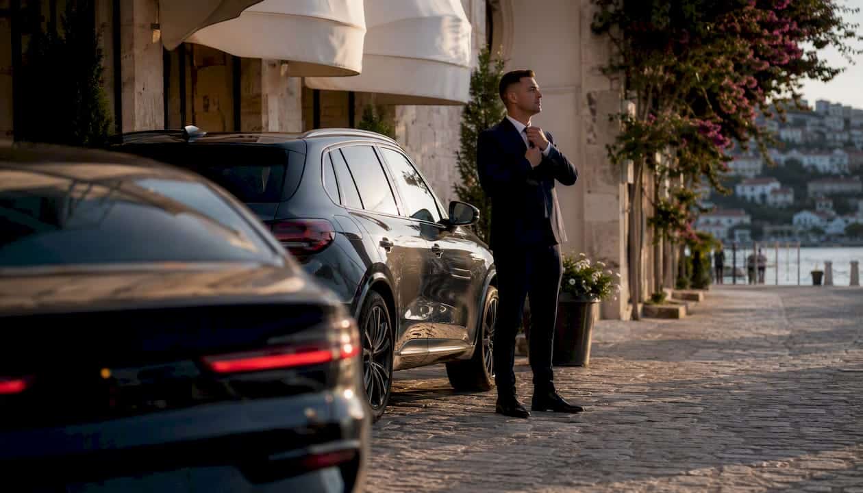 Partial view of luxury vehicles and chauffeur outdoors