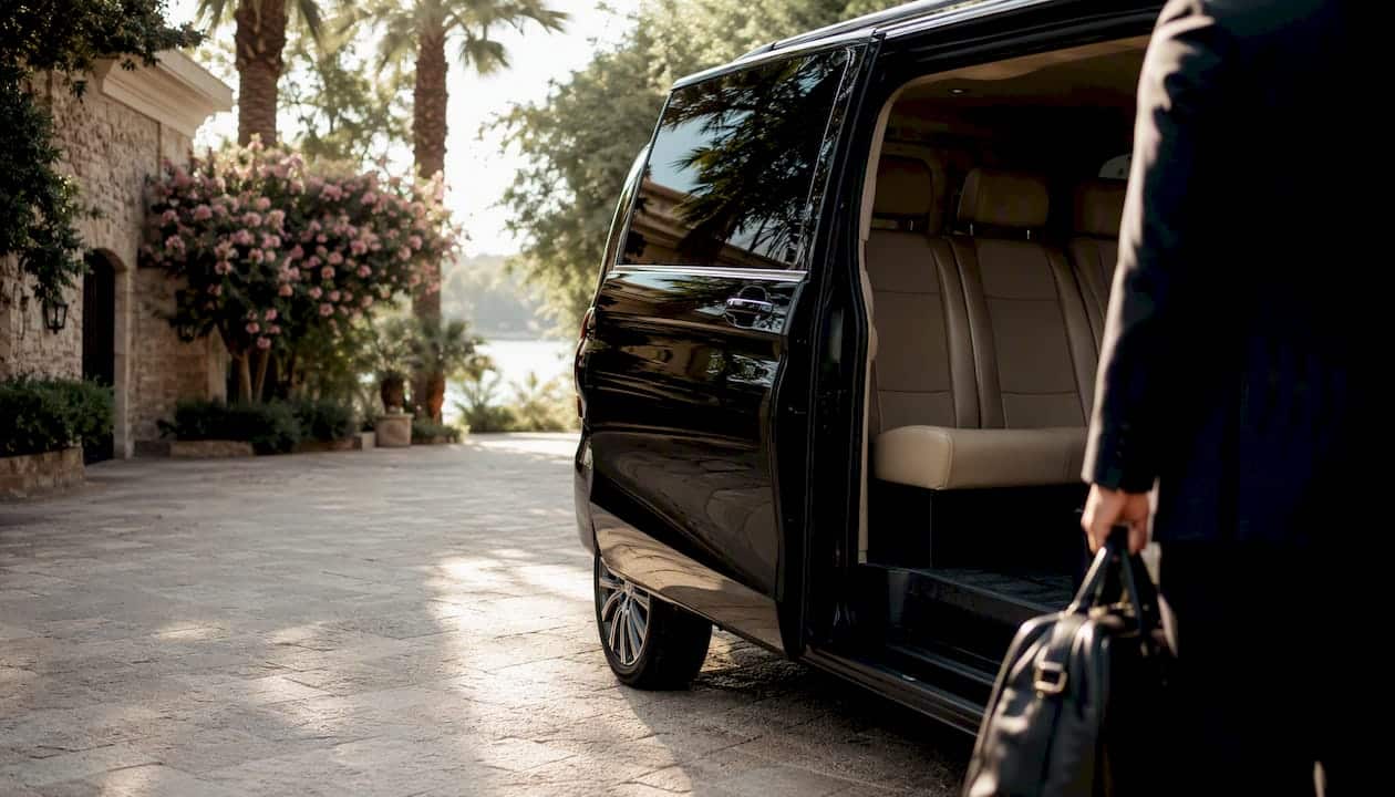 Luxury transfer vehicle door open at hotel entrance