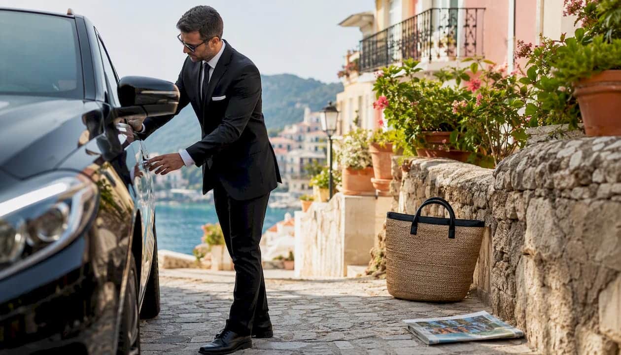 Chauffeur inspecting vehicle door exterior