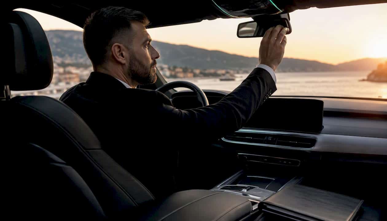 Driver preparing luxury vehicle interior at sunrise