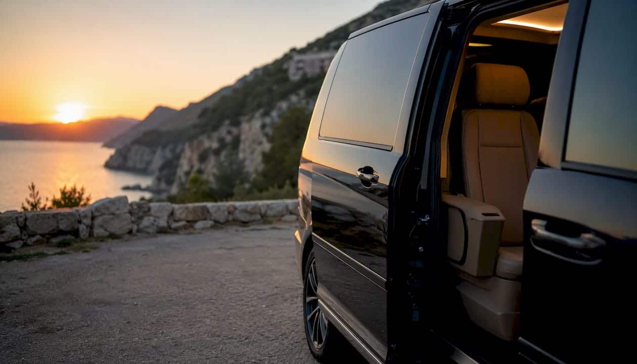 Open door of private transfer vehicle by Croatian coast