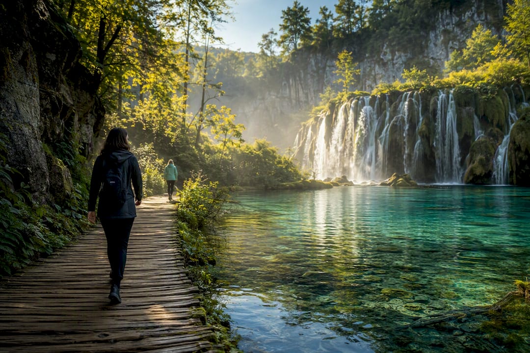 Quiet Plitvice boardwalk beside waterfall