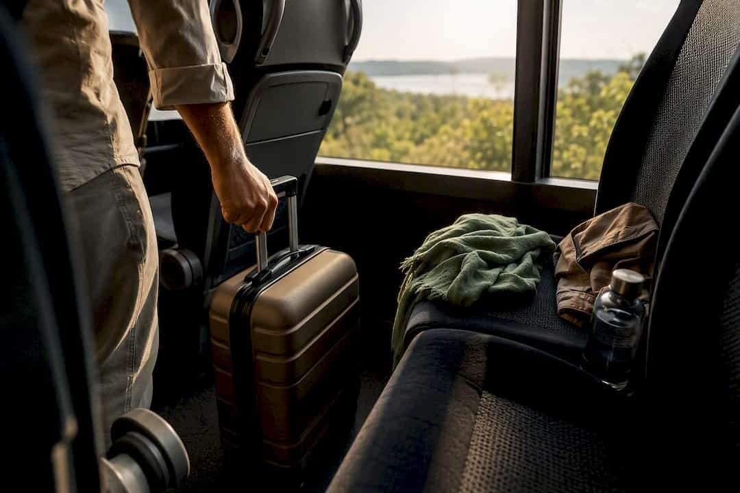 Traveler beside an intercity bus seat
