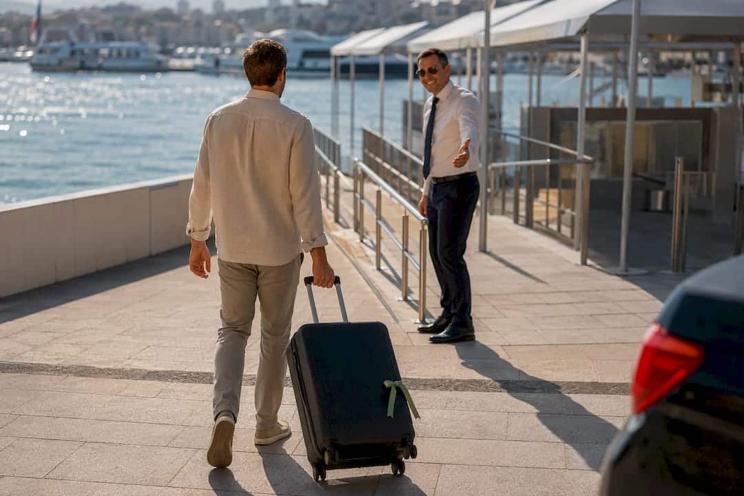 Traveler arriving with luggage at ferry pier