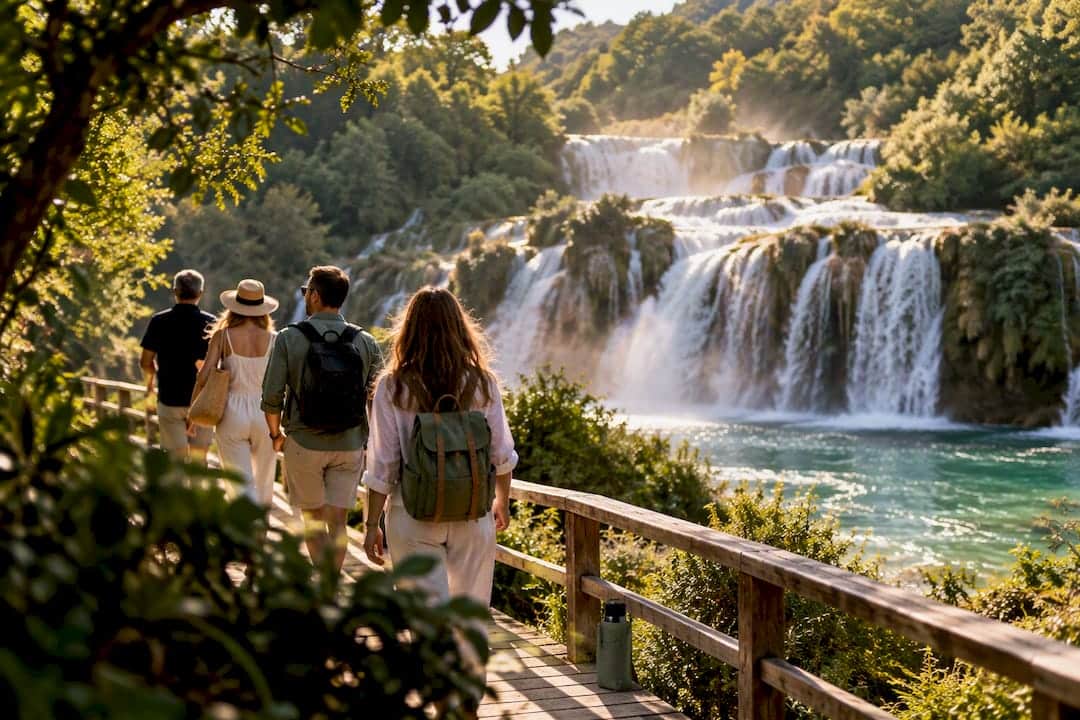 Travelers approaching Skradinski buk waterfall