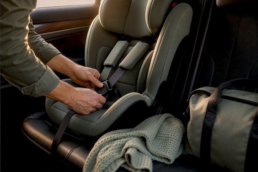 Hands securing a child seat in transfer vehicle