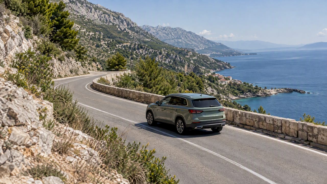 Private car on Croatia’s Adriatic coastal highway