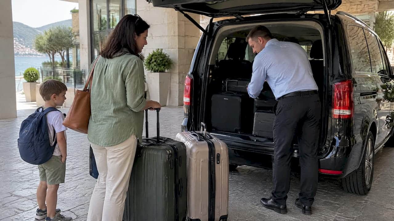Family checking luggage space beside a minivan