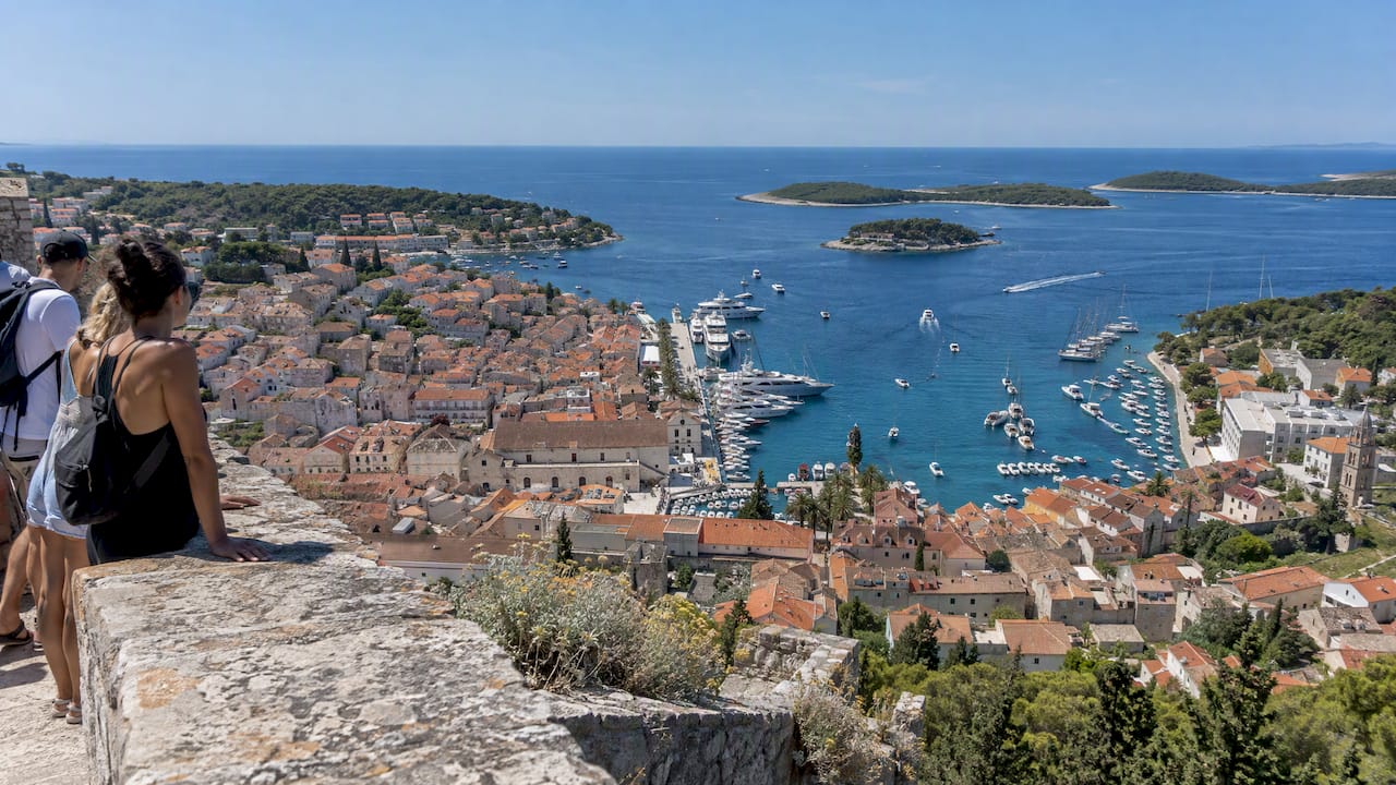Hvar Town harbor and Pakleni Islands from Fortica