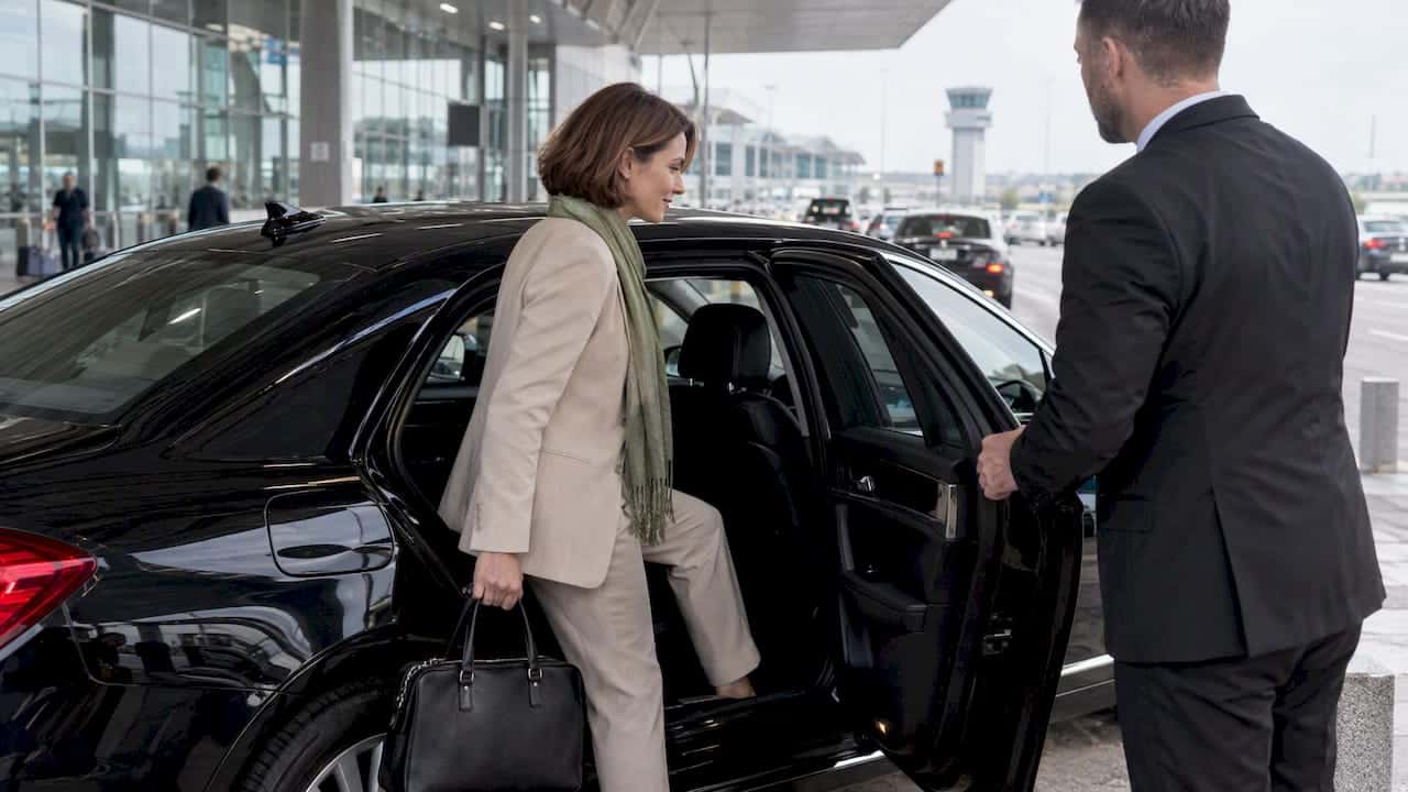 Business traveler boarding a private transfer car